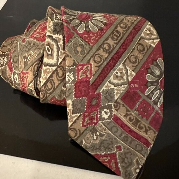 Nina Ricci Silk Tie Patchwork Floral Red  CottageCore Olive Green Daisy - Picture 1 of 6